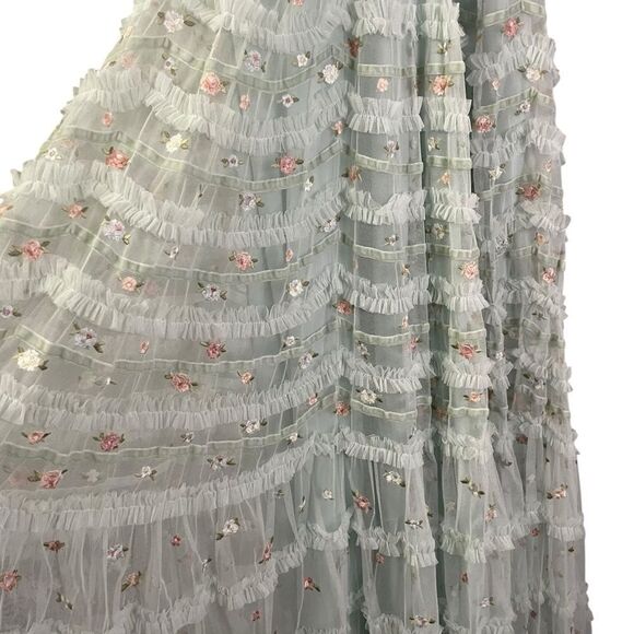 Mac Duggal Tiered Ruffle Cross-Back Smock-Waist Floral Embroidered Gown - Picture 3 of 12